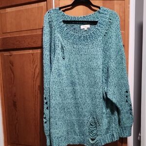 Umgee Dustressed Knit Sweater in Teal